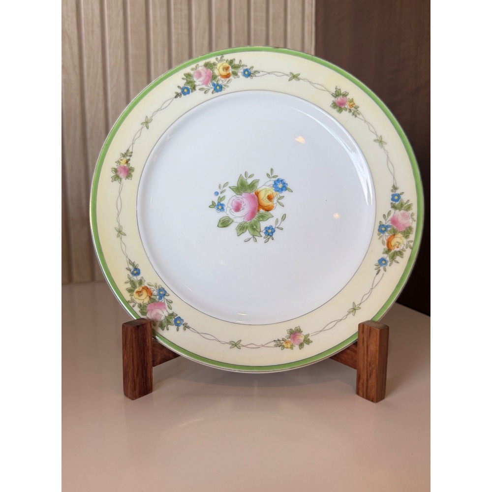 Vintage Hand Painted Japanese Floral Salad Plates Set of 5 Green Rim 8.5 Inch